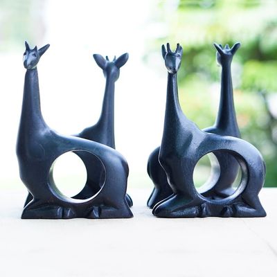 Alternate image for Hand-Carved 4-Piece Black Teak Wood Giraffe Napkin Ring Set Giraffe Feast