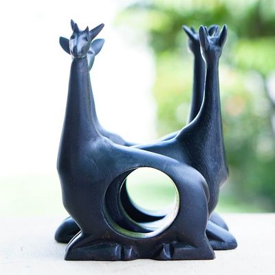 Alternate image for Hand-Carved 4-Piece Black Teak Wood Giraffe Napkin Ring Set Giraffe Feast