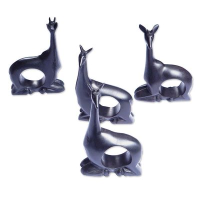 Alternate image for Hand-Carved 4-Piece Black Teak Wood Giraffe Napkin Ring Set Giraffe Feast