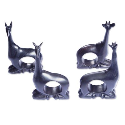 Alternate image for Hand-Carved 4-Piece Black Teak Wood Giraffe Napkin Ring Set Giraffe Feast