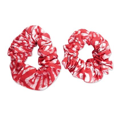 Alternate image for Pair of Red and White Patterned Cotton Scrunchies from Ghana Thankful Crimson