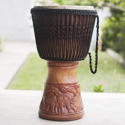 Alternate image for Wood Djembe Drum with Giraffe Hand-Carved Motifs from Ghana Giant of the Forest