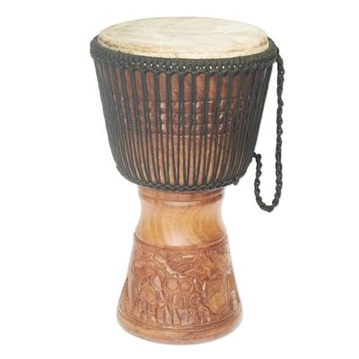 Alternate image for Wood Djembe Drum with Giraffe Hand-Carved Motifs from Ghana Giant of the Forest