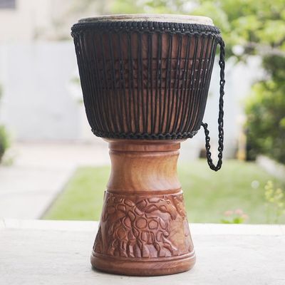 Alternate image for Wood Djembe Drum with Giraffe Hand-Carved Motifs from Ghana Giant of the Forest