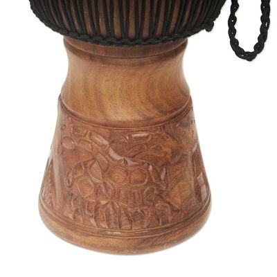 Alternate image for Wood Djembe Drum with Giraffe Hand-Carved Motifs from Ghana Giant of the Forest