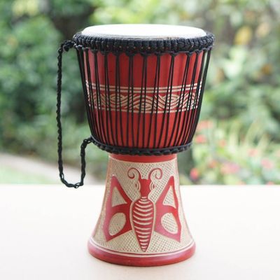 Alternate image for Butterfly-Themed Red Sese Wood and Goat Skin Djembe Drum Butterfly Beat