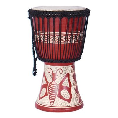 Alternate image for Butterfly-Themed Red Sese Wood and Goat Skin Djembe Drum Butterfly Beat