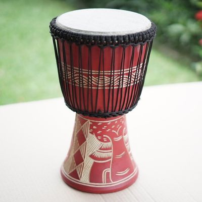 Alternate image for Butterfly-Themed Red Sese Wood and Goat Skin Djembe Drum Butterfly Beat