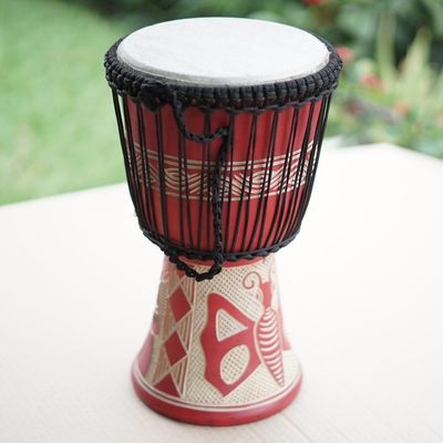 Alternate image for Butterfly-Themed Red Sese Wood and Goat Skin Djembe Drum Butterfly Beat