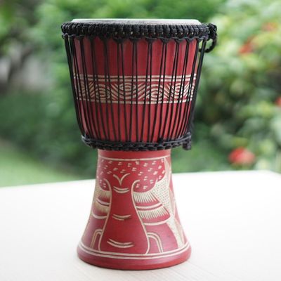 Alternate image for Butterfly-Themed Red Sese Wood and Goat Skin Djembe Drum Butterfly Beat