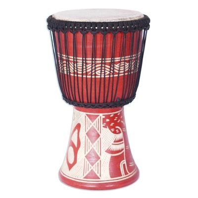 Alternate image for Butterfly-Themed Red Sese Wood and Goat Skin Djembe Drum Butterfly Beat