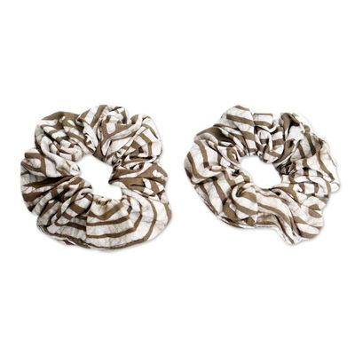 Image for Pair of Green and White Patterned Cotton Scrunchies Thankful Olive