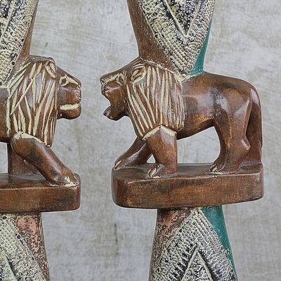 Alternate image for Lion-Themed Cedar Wood Accent Table Crafted in Ghana Conversing Lions