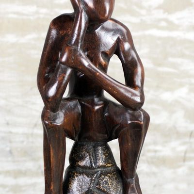 Alternate image for Cedar Wood Accent Table of a Sitting Man from Ghana Thoughtful Man
