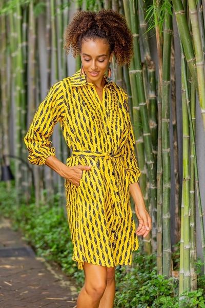 Alternate image for Printed Cotton Long Sleeve Shirtwaist Dress in Saffron Saffron Lady