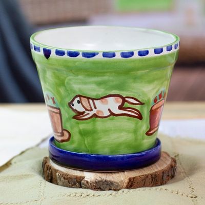 Alternate image for Hand-Painted Dog-Themed Green Ceramic Flower Pot and Saucer Merry Dogs