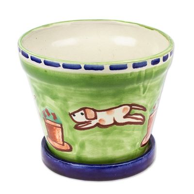 Alternate image for Hand-Painted Dog-Themed Green Ceramic Flower Pot and Saucer Merry Dogs