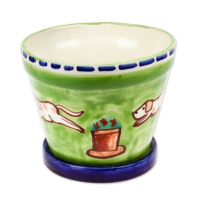 Alternate image for Hand-Painted Dog-Themed Green Ceramic Flower Pot and Saucer Merry Dogs