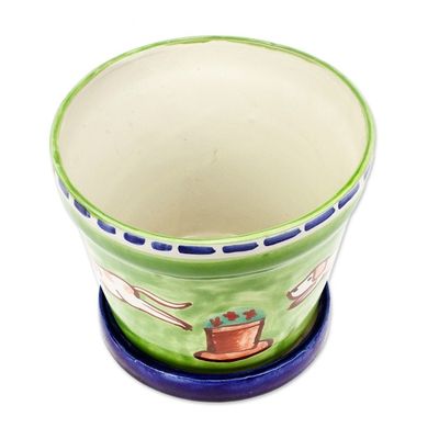 Alternate image for Hand-Painted Dog-Themed Green Ceramic Flower Pot and Saucer Merry Dogs