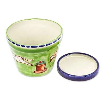 Alternate image for Hand-Painted Dog-Themed Green Ceramic Flower Pot and Saucer Merry Dogs
