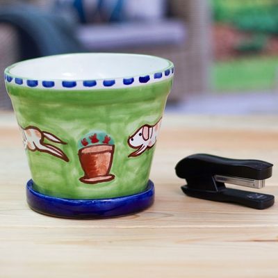 Alternate image for Hand-Painted Dog-Themed Green Ceramic Flower Pot and Saucer Merry Dogs