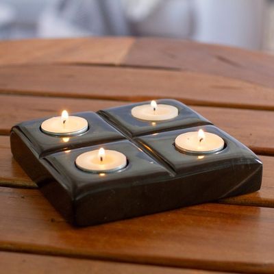 Alternate image for Black Natural Onyx Tealight Candleholder Crafted in Mexico Sparkles Mystery