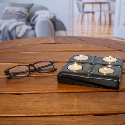 Alternate image for Black Natural Onyx Tealight Candleholder Crafted in Mexico Sparkles Mystery