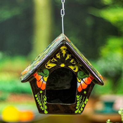 Alternate image for Hand-Painted Talavera Ceramic Bird Feeder in Black Night Arcadia