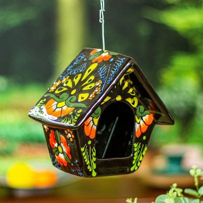 Alternate image for Hand-Painted Talavera Ceramic Bird Feeder in Black Night Arcadia