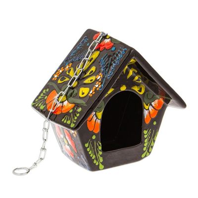 Alternate image for Hand-Painted Talavera Ceramic Bird Feeder in Black Night Arcadia