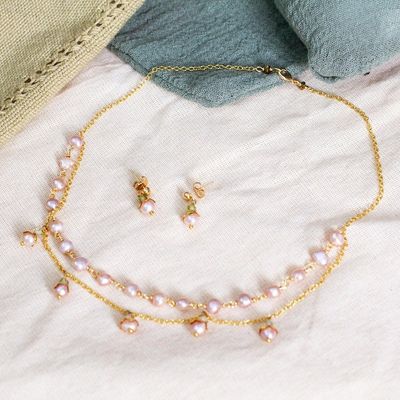 Alternate image for Polished 14k Gold-Plated Pink Pearl and Apatite Jewelry Set Glorious Deity