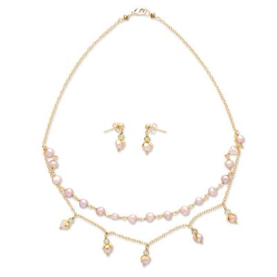Alternate image for Polished 14k Gold-Plated Pink Pearl and Apatite Jewelry Set Glorious Deity