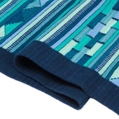 Alternate image for Handwoven Wool Runner Rug in Blue Turquoise and Green 3x10 Blue Geometry