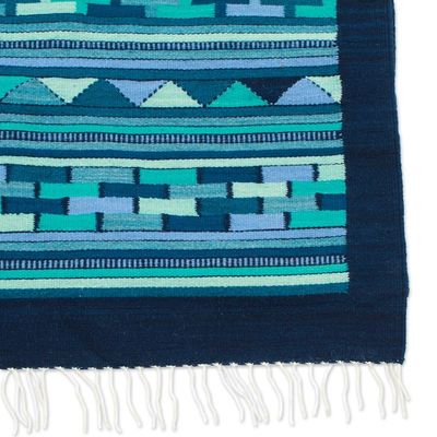 Alternate image for Handwoven Wool Runner Rug in Blue Turquoise and Green 3x10 Blue Geometry