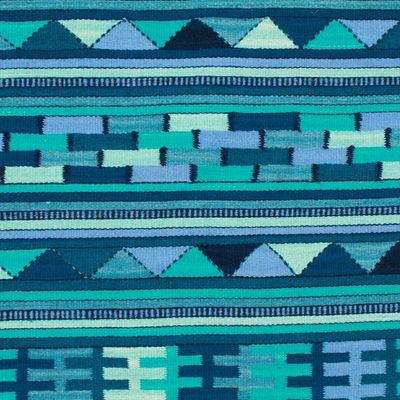 Alternate image for Handwoven Wool Runner Rug in Blue Turquoise and Green 3x10 Blue Geometry