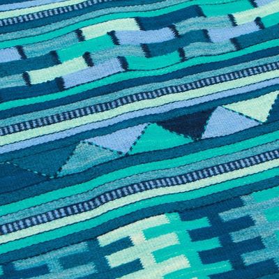 Alternate image for Handwoven Wool Runner Rug in Blue Turquoise and Green 3x10 Blue Geometry