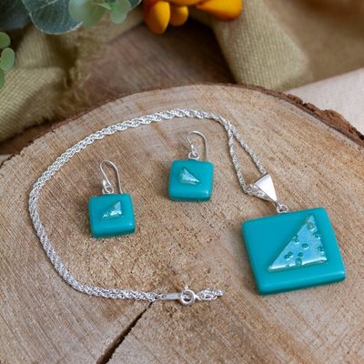 Alternate image for Square Aqua Dichroic Art Glass Jewelry Set Square Serenity