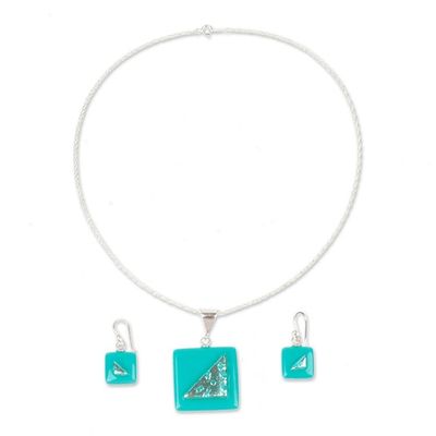 Alternate image for Square Aqua Dichroic Art Glass Jewelry Set Square Serenity