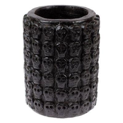 Alternate image for Skull-Patterned Black Ceramic Flower Pot from Mexico Rows of Dark Skulls