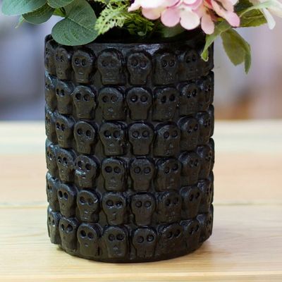 Alternate image for Skull-Patterned Black Ceramic Flower Pot from Mexico Rows of Dark Skulls