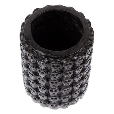 Alternate image for Skull-Patterned Black Ceramic Flower Pot from Mexico Rows of Dark Skulls