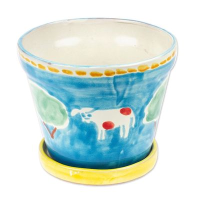 Alternate image for Painted Cow and Tree Blue Ceramic Flower Pot and Saucer Serene Cows
