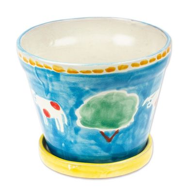 Alternate image for Painted Cow and Tree Blue Ceramic Flower Pot and Saucer Serene Cows