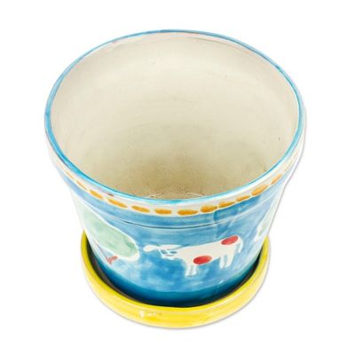 Alternate image for Painted Cow and Tree Blue Ceramic Flower Pot and Saucer Serene Cows