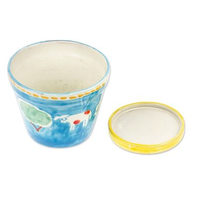 Alternate image for Painted Cow and Tree Blue Ceramic Flower Pot and Saucer Serene Cows