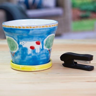 Alternate image for Painted Cow and Tree Blue Ceramic Flower Pot and Saucer Serene Cows