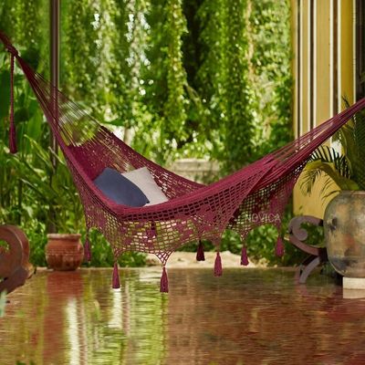 Alternate image for Burgundy Tasseled Cotton Hammock Double From Mexico Veranda Dreams in Bordeaux
