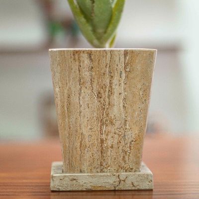 Alternate image for Modern Flower Pot of Brown Marble with Vertical Veins Earth Contempo