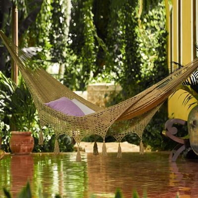 Alternate image for Macrame-Accented Cotton Hammock Triple Maya Memories in Olive
