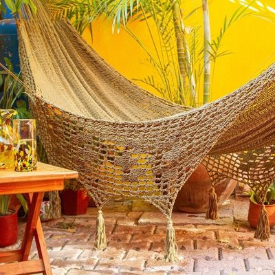 Alternate image for Macrame-Accented Cotton Hammock Triple Maya Memories in Olive
